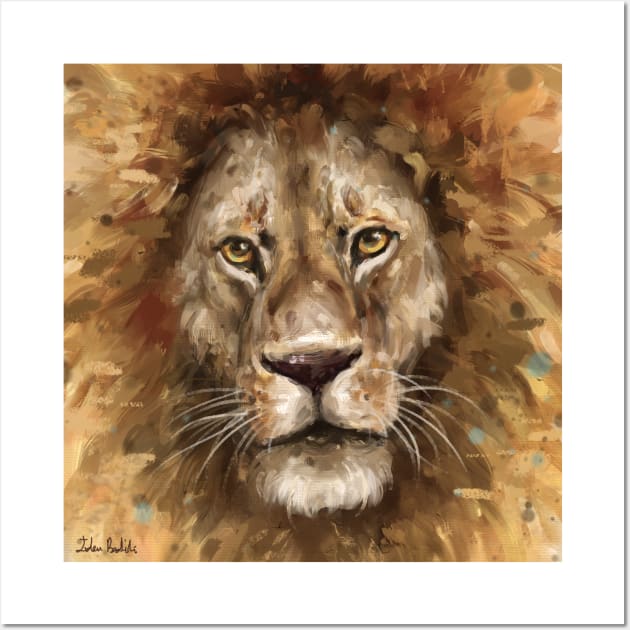 Closeup Portrait Painting of a Majestic Lion Staring at You Wall Art by ibadishi